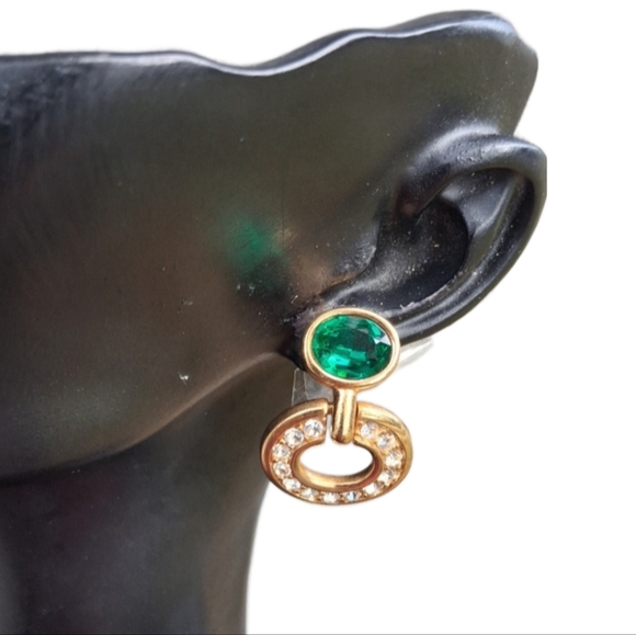 Vintage Swarovski Emerald & Crystal Clip-On Earrings – 80s Glam! - Picture 1 of 5